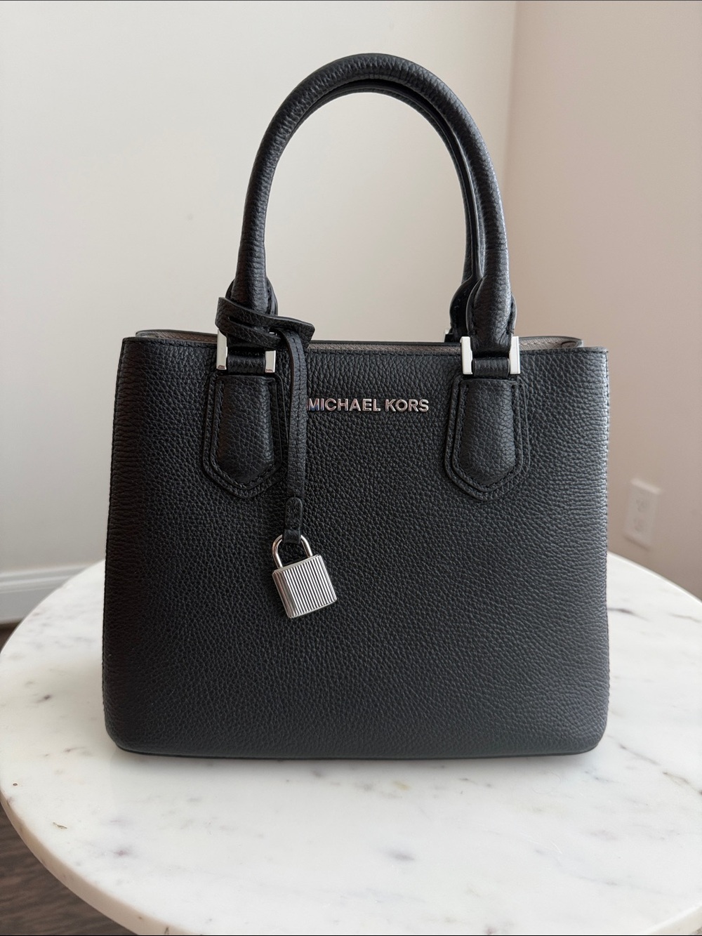 Michael Kors Adele Small Black Pebbled Leather Satchel with Lock Charm
